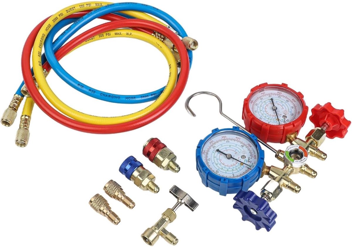 AC Service Manifold - Dubbele Meters - Drukmeting Systemen - Massief Messing - 3 Slangen - Geel