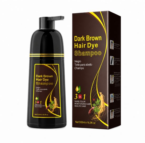 Donkerbruine haarkleur shampoo met pompdispenser, met ginseng en rozen.