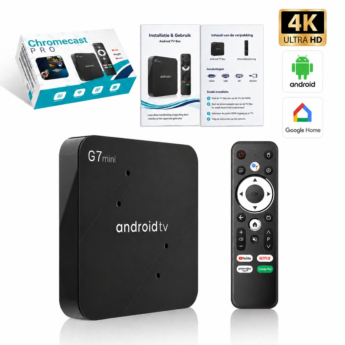 Android TV Box 4K Ultra HD – Chromecast & IPTV – Smart TV Box – Google Assistant Spraakbediening – 2.4/5GHz WiFi – 16GB Media Streamer — cadeau in Elektronica - foto 2