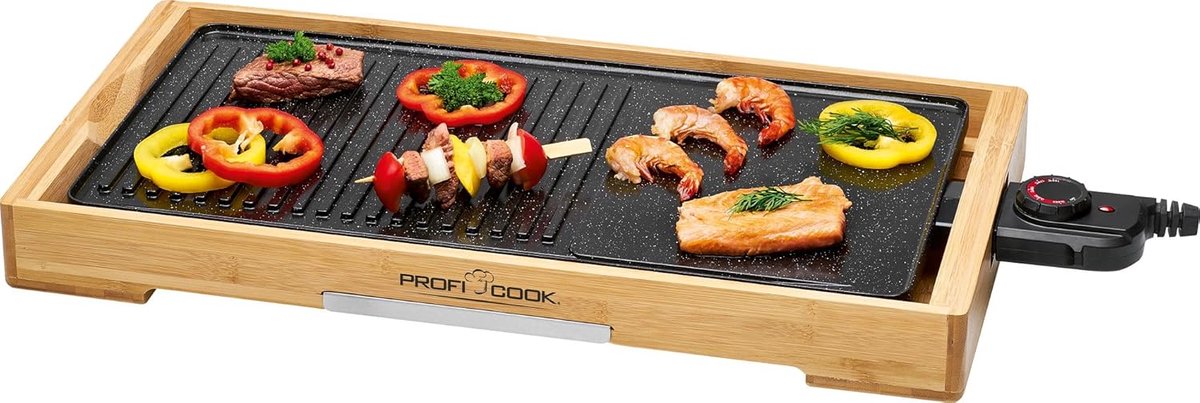 Tafelgrill - Plancha Bakplaat - Gezond Eten - Bamboe Frame - 51x25 cm Grilloppervlak - Hout Zwart
