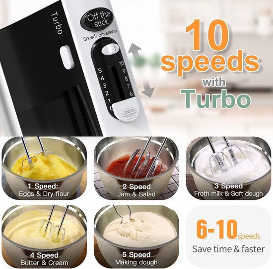 Elektrische Handmixer - Keukenmixer - Bakken en Koken - 10 Snelheden Turbo - 6 Mengkommen - Zilver — afbeelding 3