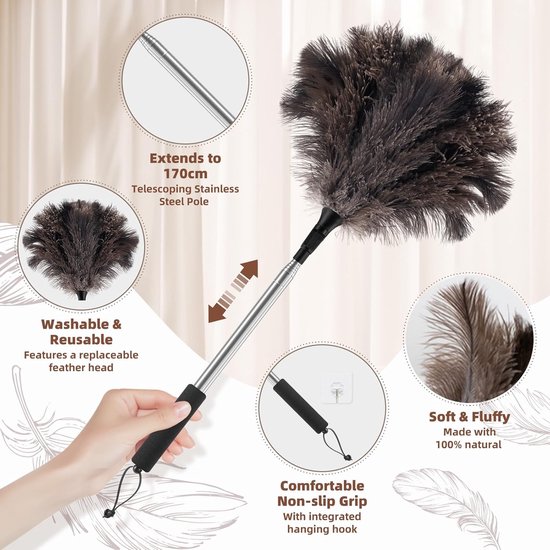 Telescopic duster ostrich feathers, extendable up to 170 cm for high surfaces and sensitive interiors, washable and scratch-resistant (duster for ostrich feathers, replacement head — afbeelding 3