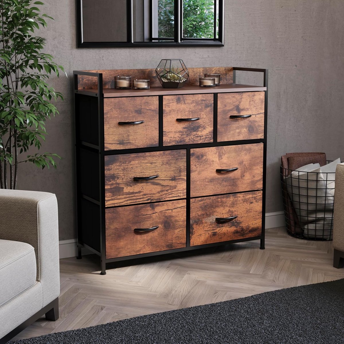 Ladekast met 7 lades - Opberger Dressoir - Ruimte Organiseren - Houten Bovenblad - 83 x 85 cm - Rustiek Bruin