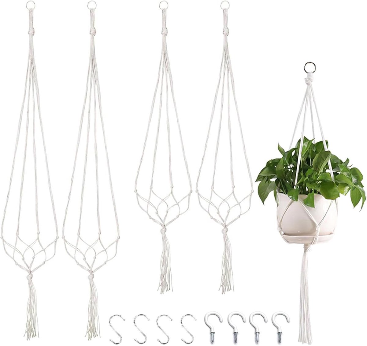 Macramé plantenhangers - Hangende potten - Planten decoreren - Handgemaakt katoen - 4 stuks 80/100cm - Romig Wit