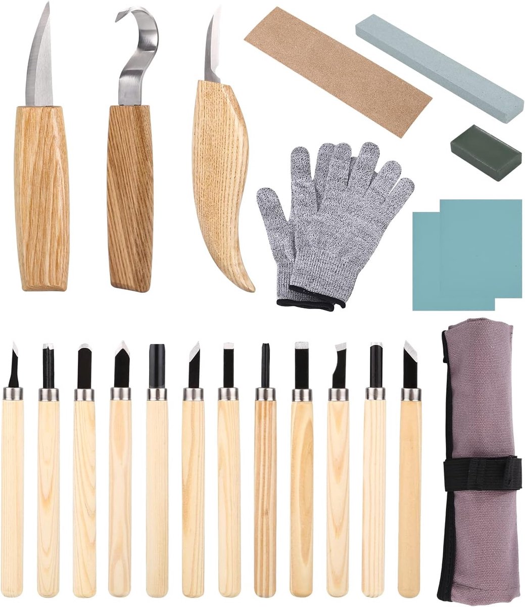 Houtsnijgereedschap Set - 22 Delig - Houtbewerking Hobby - Ergonomisch Ontwerp - 22 Stuks - Natuurlijk