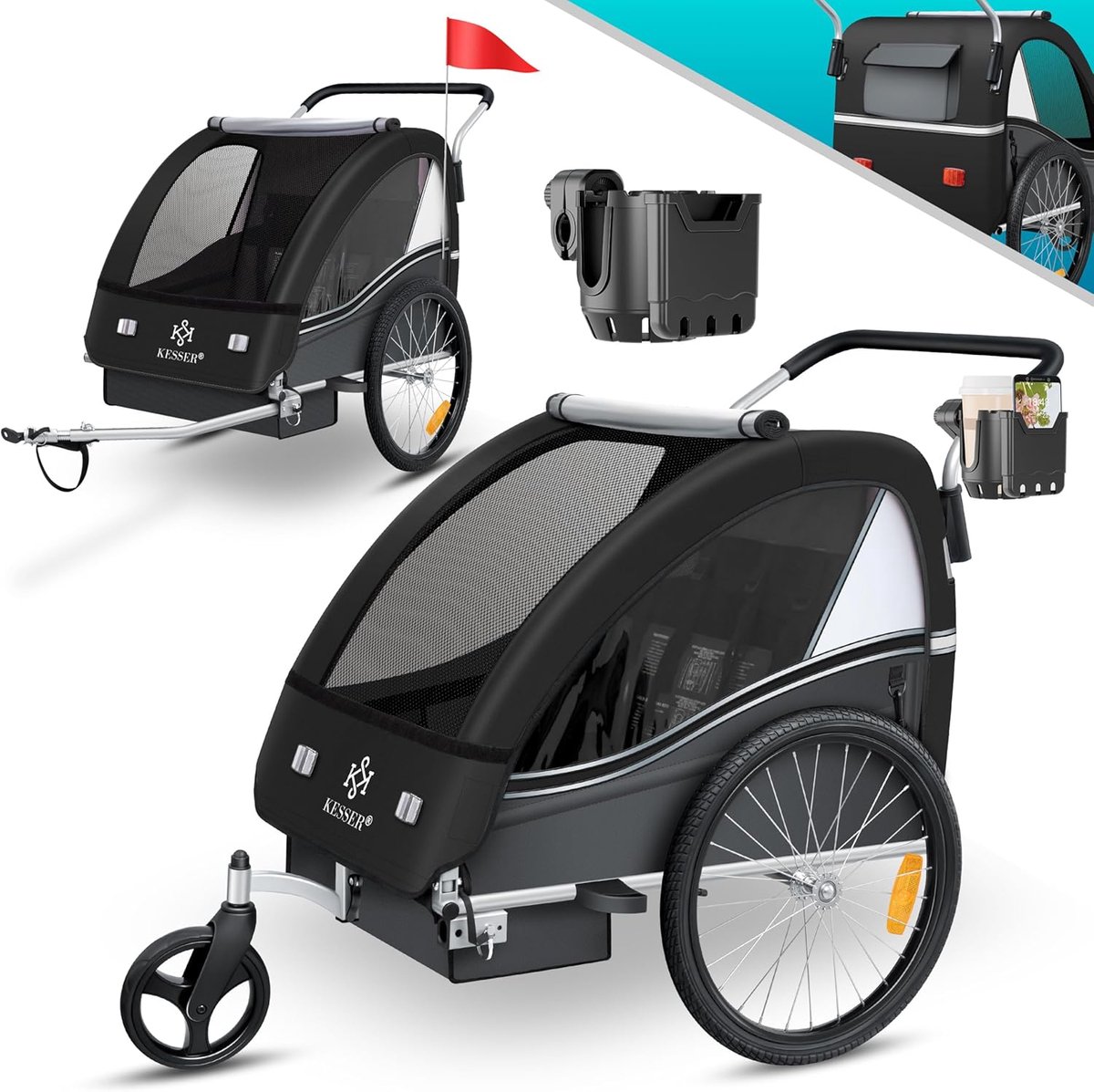 Kinderfietskar - Buggy Aanhanger - Onderweg met kinderen - 2-in-1 functie - Max 40 kg - Zwart