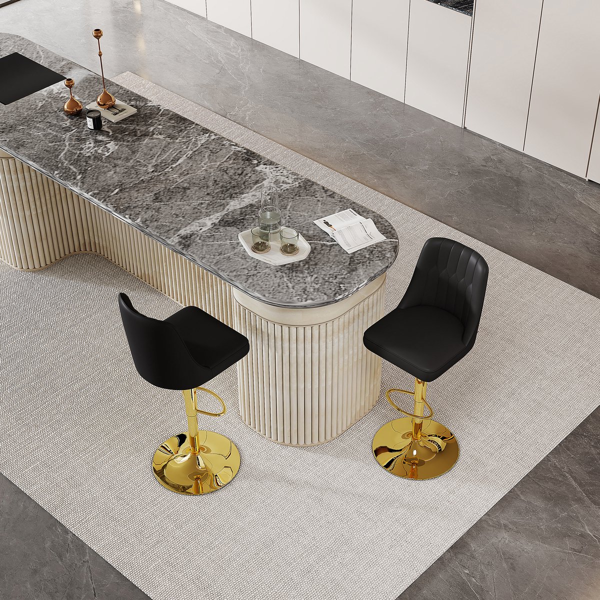 Clruro Barkruk Set - 2 Stuks - Steppatroon Rug - 360° Draaibaar - PU-Leer + Metaal - Zwart/Goud