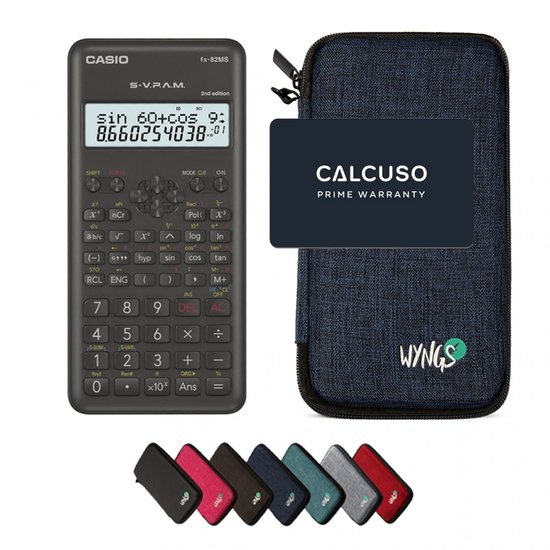 Casio fx-82MS rekenmachine, donkerblauwe beschermhoes, garantiekaart en meerdere hoesjes.