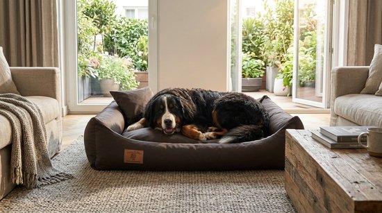 Bruine hondenmand met een grote Berner Sennen hond die erin ligt. De mand heeft een los kussen en hoge, zachte randen.