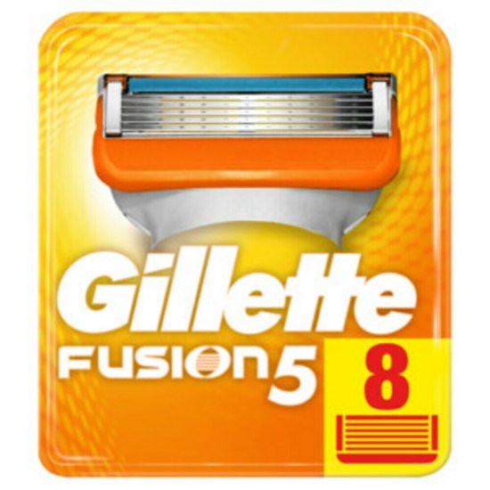 Verpakking Gillette Fusion5 scheermesjes. Oranje en geel.