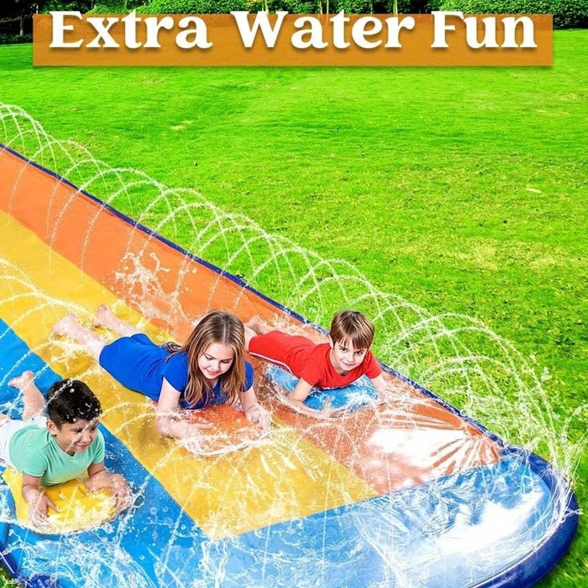 RosaBloom Waterglijbaan Tuin - Buikschuifbaan - Waterspeelgoed - Inclusief 3 Bodyboards - 3 Banen - Opblaasbaar - 686x203Cm - PVC - Multicolor