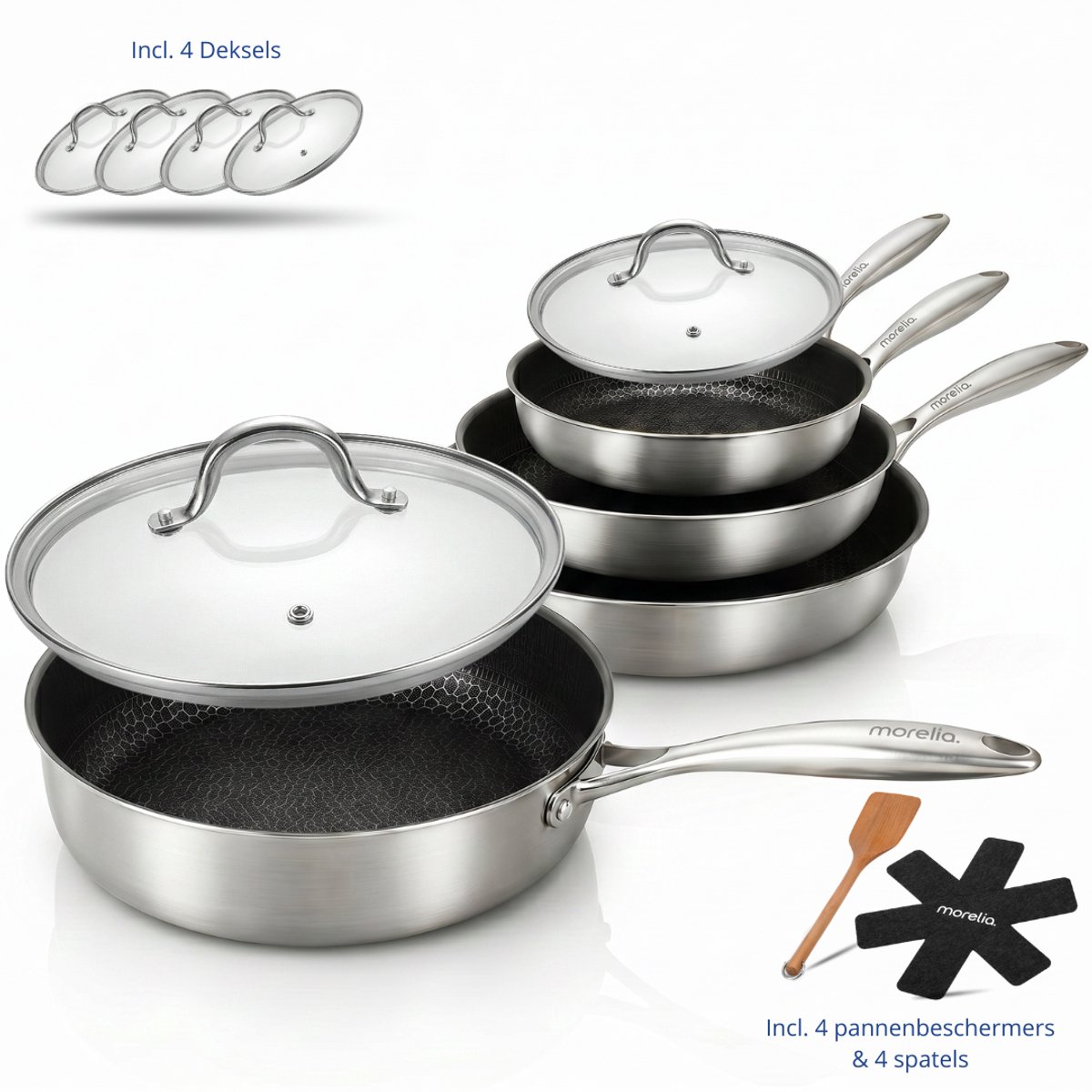 Morelia® 4-delige Keramische Pannenset met Deksels – 20, 24, 26 & 28 cm- Hapjespan, Koekenpannenset - RVS Honingraat - Anti-Aanbakpan - PFAS & PTFE vrij - Inductie, Elektrisch, Keramisch & Gas - Zwart