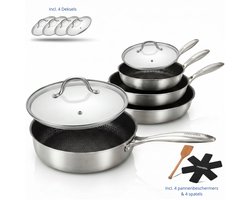 Morelia® 4-delige Keramische Pannenset met Deksels – 20, 24, 26 & 28 cm- Hapjespan, Koekenpannenset - RVS Honingraat - Anti-Aanbakpan - PFAS & PTFE vrij - Inductie, Elektrisch, Keramisch & Gas - Zwart