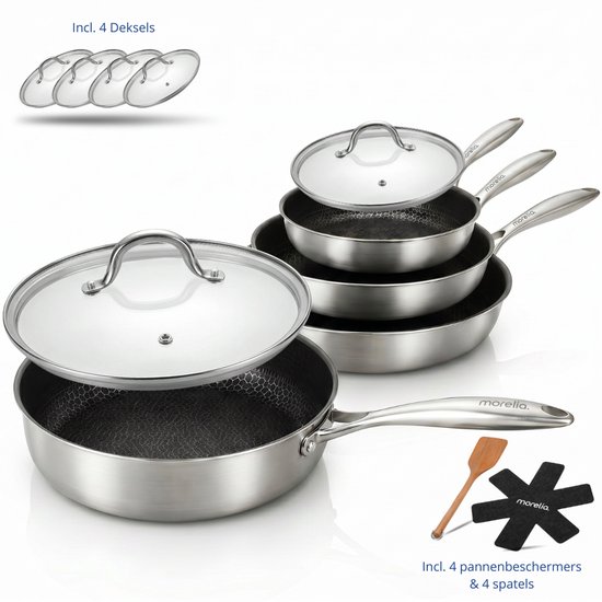 Morelia® 4-delige Keramische Pannenset met Deksels – 20, 24, 26 & 28 cm- Hapjespan, Koekenpannenset - RVS Honingraat - Anti-Aanbakpan - PFAS & PTFE vrij - Inductie, Elektrisch, Keramisch & Gas - Zwart