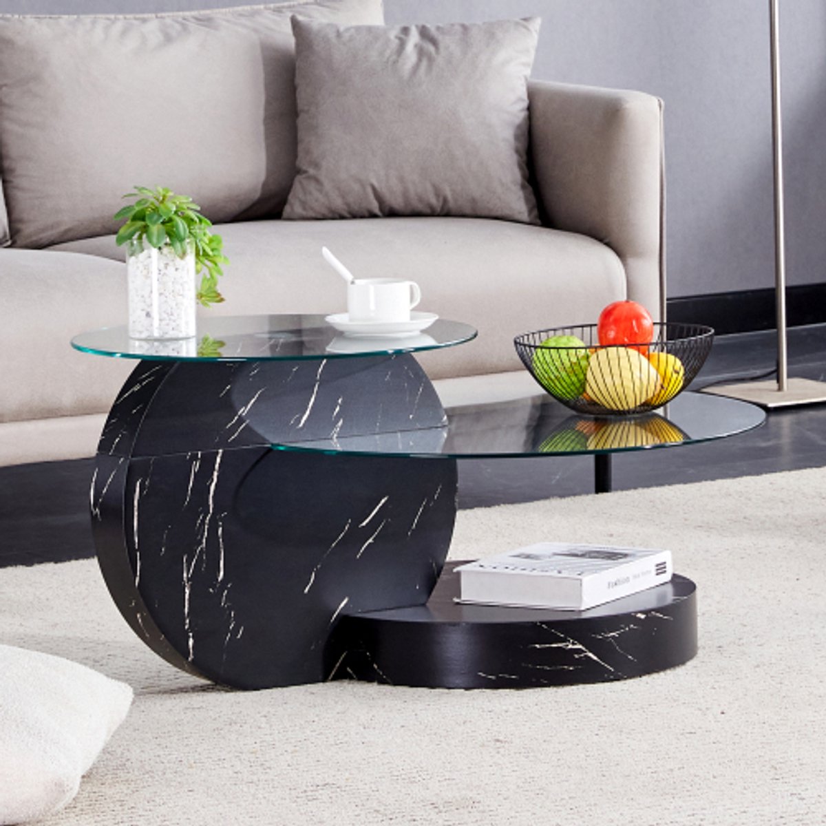 Lemonbest Ronde salontafel 90 x 70 x 44 cm - Tweelaagse koffietafel van gehard glas - MDF onderstel met zwarte textuurlook - Transparant Zwart