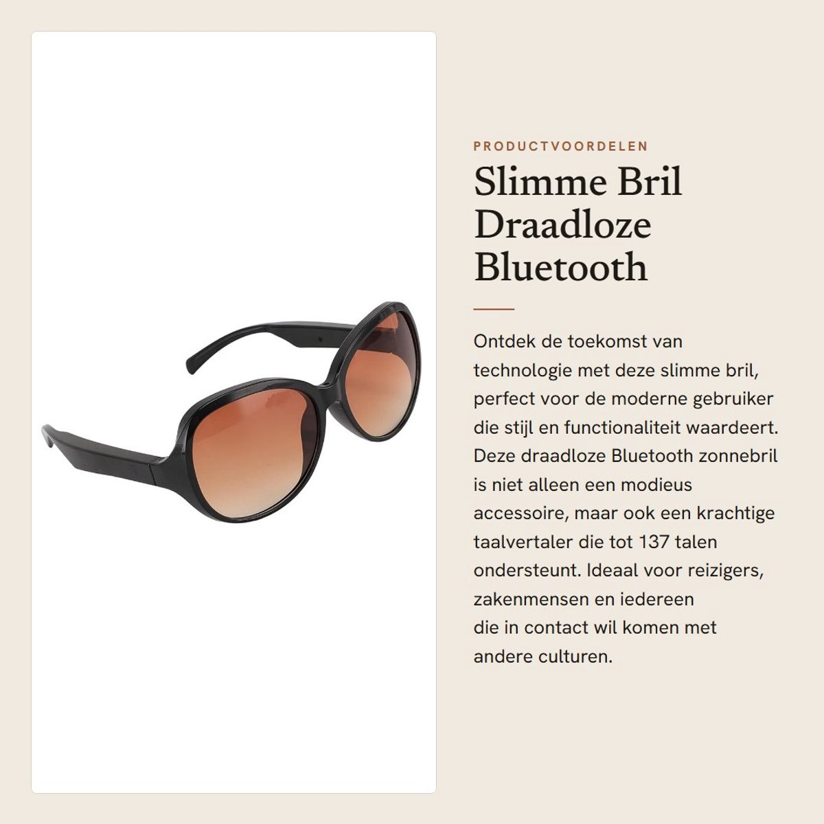 Dailygoods - Slimme Bril - Draadloze Bluetooth - Taalvertaler met Microfoon - Stijlvolle Zonnebril - Ondersteunt 137 Talen - Geschikt voor Heren en Dames