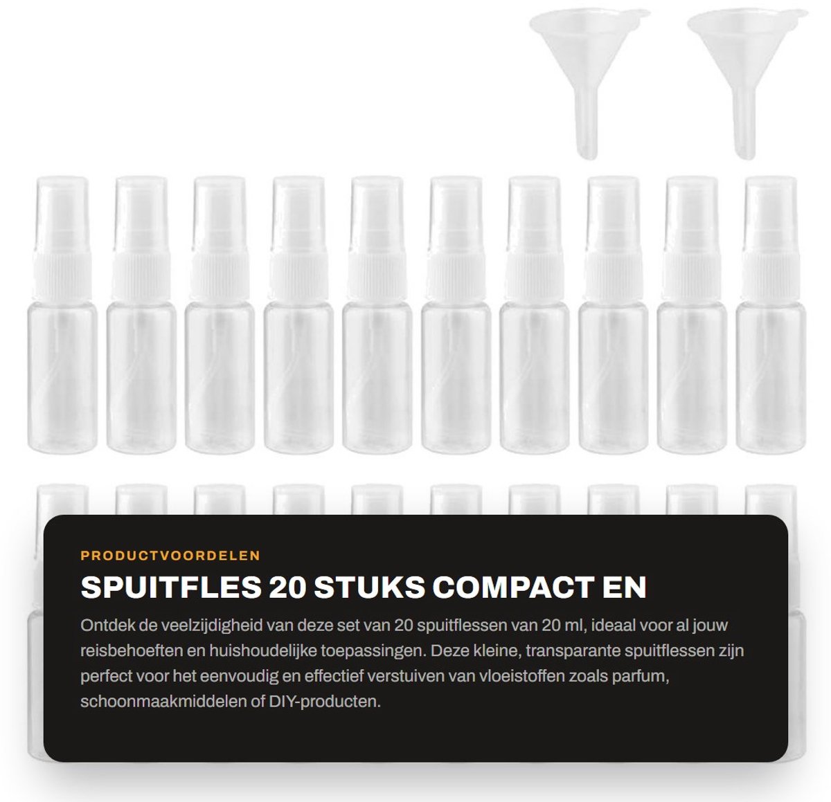 Dailygoods- Spuitfles 20 ml - 20 stuks - Kunststof - Compact - Met 2 trechters - Betrouwbare afdichting - Lichtgewicht - Sprayfles