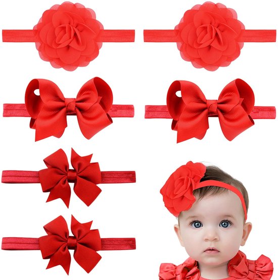 Dailygoods- Hoofdband - 6 Stuks - Rood - Baby meisjes - Bogen - Nylon - Comfortabel en rekbaar - Haarband