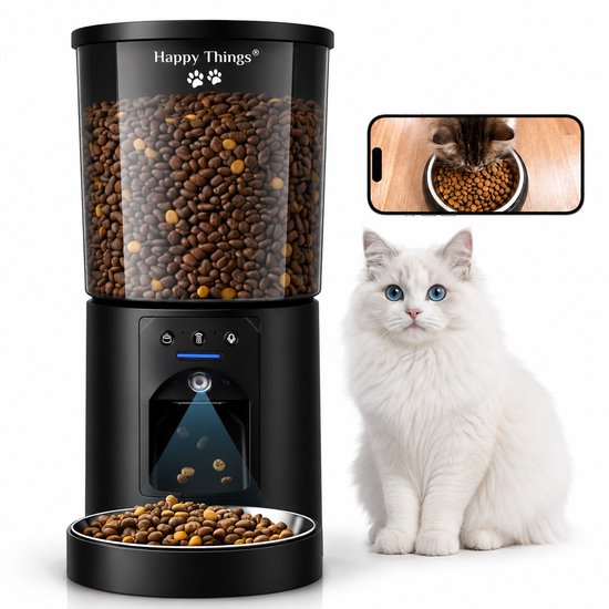 Happy Things® Voerautomaat Kat met Camera - Automatische Voerbak 4.2L - App - RVS Voerbak - Dual WiFi (2.4 & 5 GHz) - Voor Kat & Hond - Spraakopname