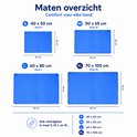 Overzicht maten blauwe hondenkoelmatten S (40x50cm), M (50x65cm), L (60x80cm), XL (70x100cm).