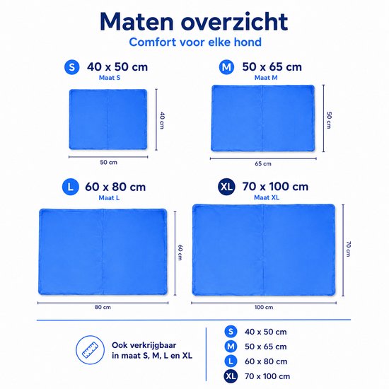 Overzicht maten blauwe hondenkoelmatten S (40x50cm), M (50x65cm), L (60x80cm), XL (70x100cm).