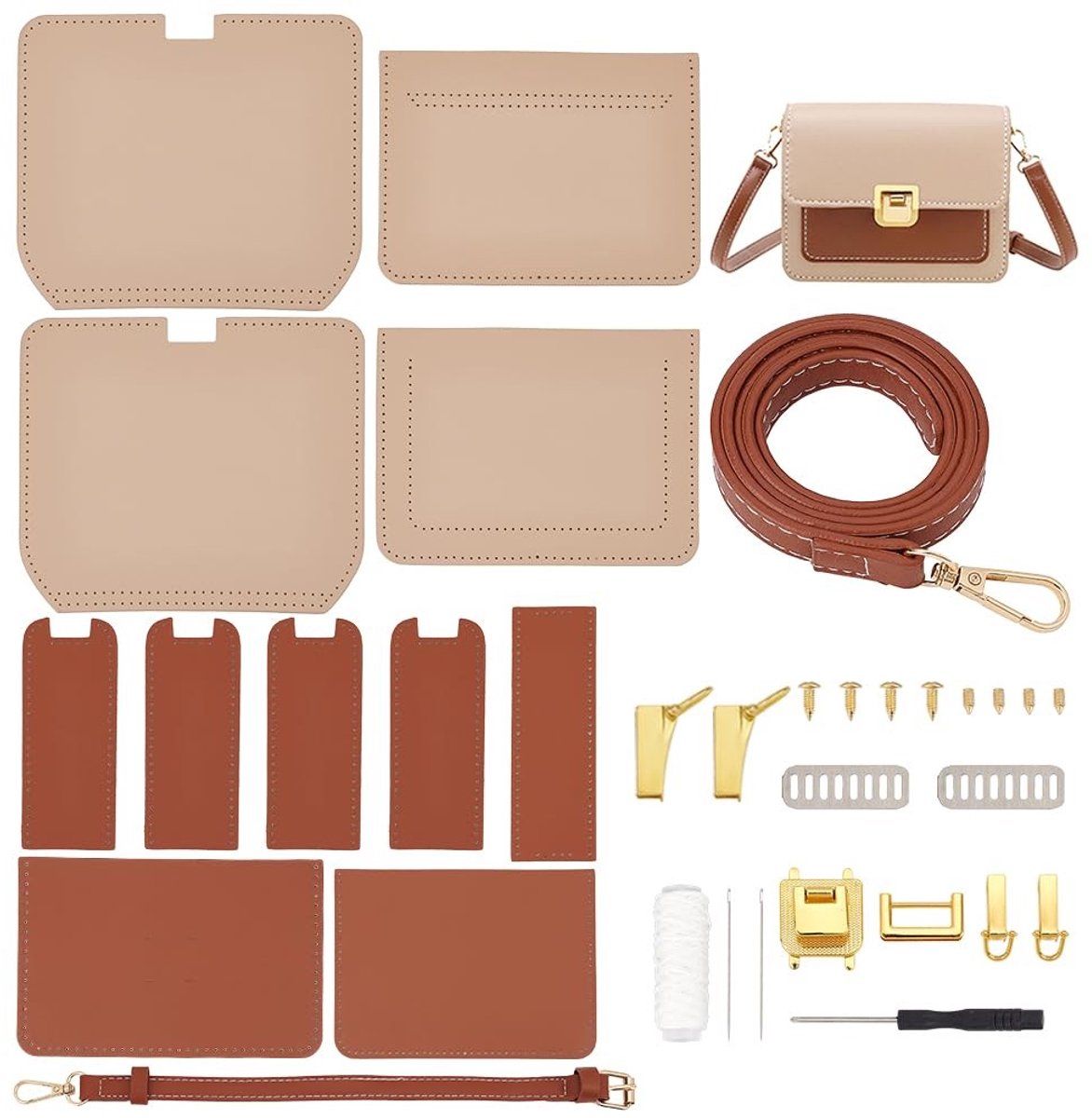 Dailygoods - WADORN DIY Crossbody Tas Maken Kit, PU Lederen Schoudertas Maken Materialen Set DIY Portemonnee Maken Naaien Complete Kit Handgemaakte Tas Maken Alle Accessoires Voor Beginner, 19x7x15cm, Kaki