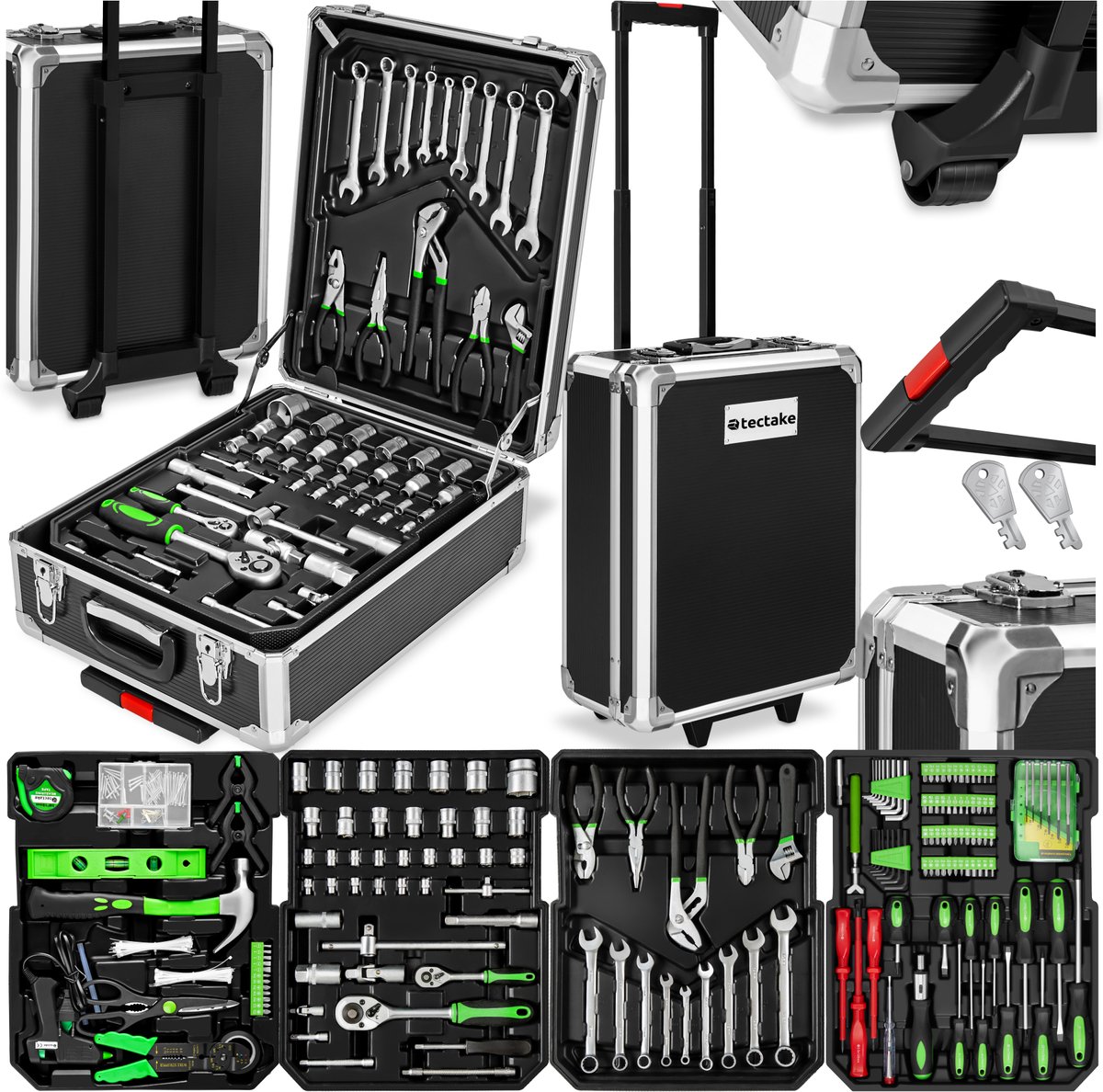 tectake® 1200-Delige Gereedschapskoffer - Gevuld - Gereedschapsset - Op Wielen - Gereedschapstrolley - Gereedschapskist met 4 Niveaus - Complete Gereedschap Set