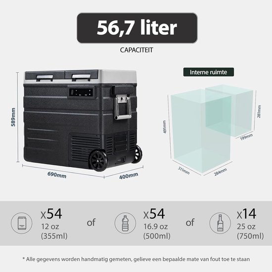 Draagbare Compressorkoelbox 57L - Elektrische Autokoelkast & Vriezer - -20°C tot 20°C - 12V/24V & 230V - Met Wielen en Uitschuifbaar Handvat - Voor Camping, Auto en Caravan — afbeelding 3