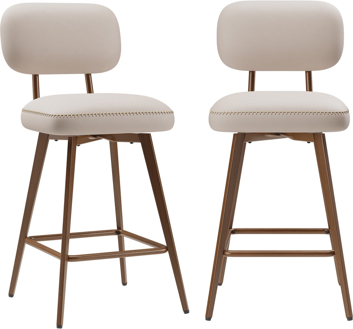 COLAMY - Set van 2 draaibare barkrukken van PU-kunstleer - toonbankhoogte - modern midden-eeuws design - met lage rugleuning en metalen onderstel - geschikt voor keukeneilanden - beige