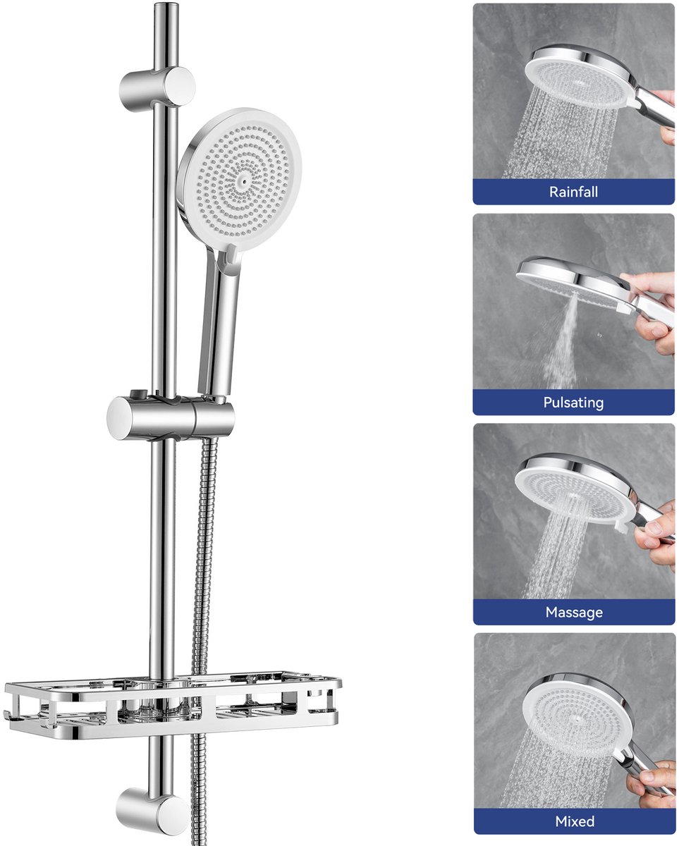Auralum Max Doucheset met Handdouche - 70 cm Glijstang - Met Zeepschaal - 4 Standen - 150 cm Doucheslang - RVS - Complete Glijstangset - Chroom