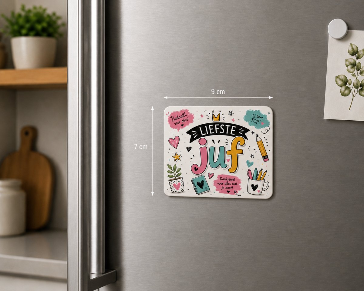 Koelkastmagneet Liefste Juf – Magneet 9x7 cm – Bedankje voor Juf – Cadeau Einde Schooljaar