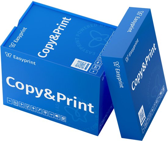 Blauwe verpakking van Easyprint Copy & Print A4 papier, met logo en productinformatie.