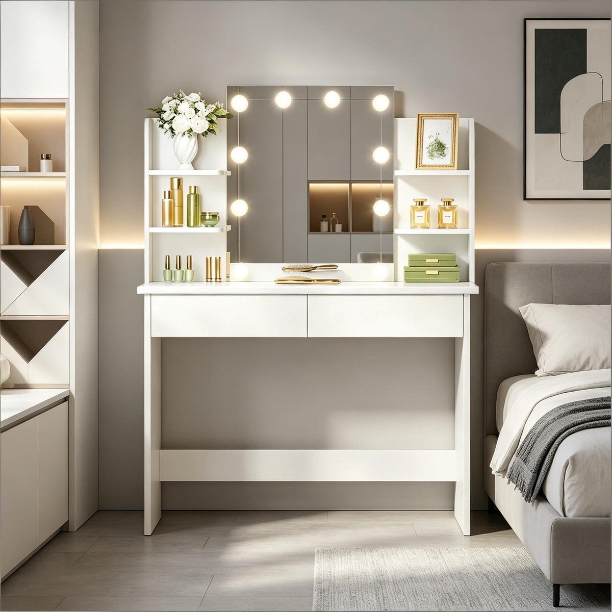 MIVRAY Kaptafel - Met Grote Led Spiegel En 2 Laden - Voor Slaapkamer En Make Uphoek - Hout En Kunststof - Wit