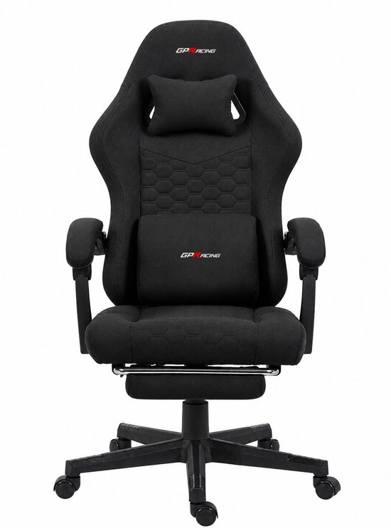Zwarte GPRacing gaming stoel met hoofd- en lendekussen, met hexagonale textuur op de rugleuning.