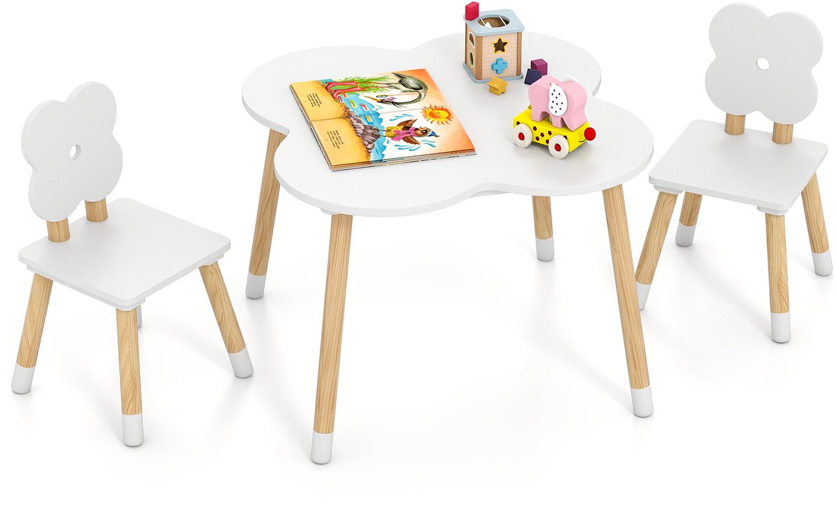 COSTWAY Kindertafel met 2 stoelen in bloemvorm, 3-delige kinderset met FSC-duurzame dennenhouten poten, schildertafel, speeltafel, knutseltafel voor kinderen vanaf 3 jaar (Wit)