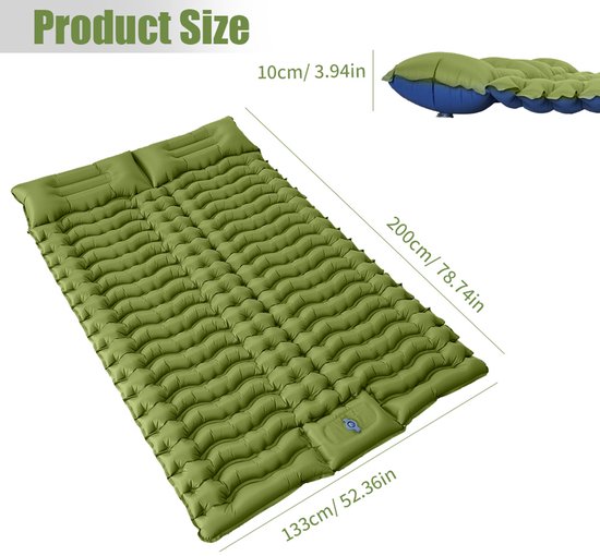 Opblaasbare Tweepersoons Campingmat - Slaapmat met Ingebouwde Voetpomp - 200 × 133 cm Ruim Ligoppervlak - 10 cm Dikte - Opblazen in 30–60 Seconden - 40D-Nylon met TPU-Coating - Voor Kamperen, Wandelen en Reizen — afbeelding 2