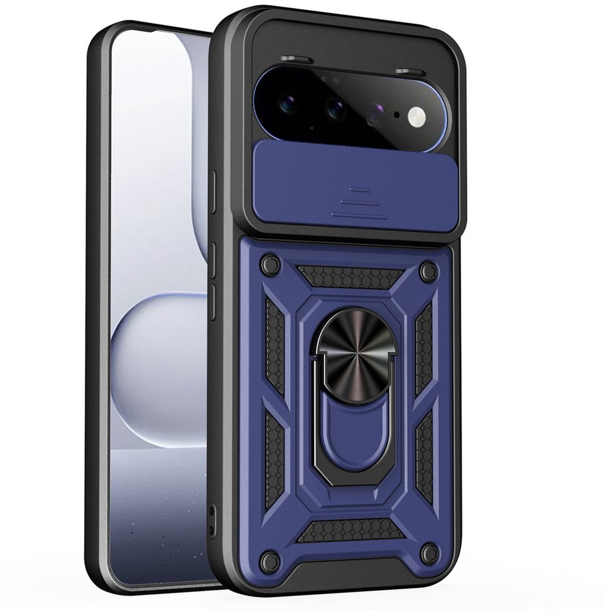 MobyDefend Hoesje - Geschikt voor Google Pixel 11 / Pixel 11 Pro - Pantsercase Met Draaibare Ring - Blauw