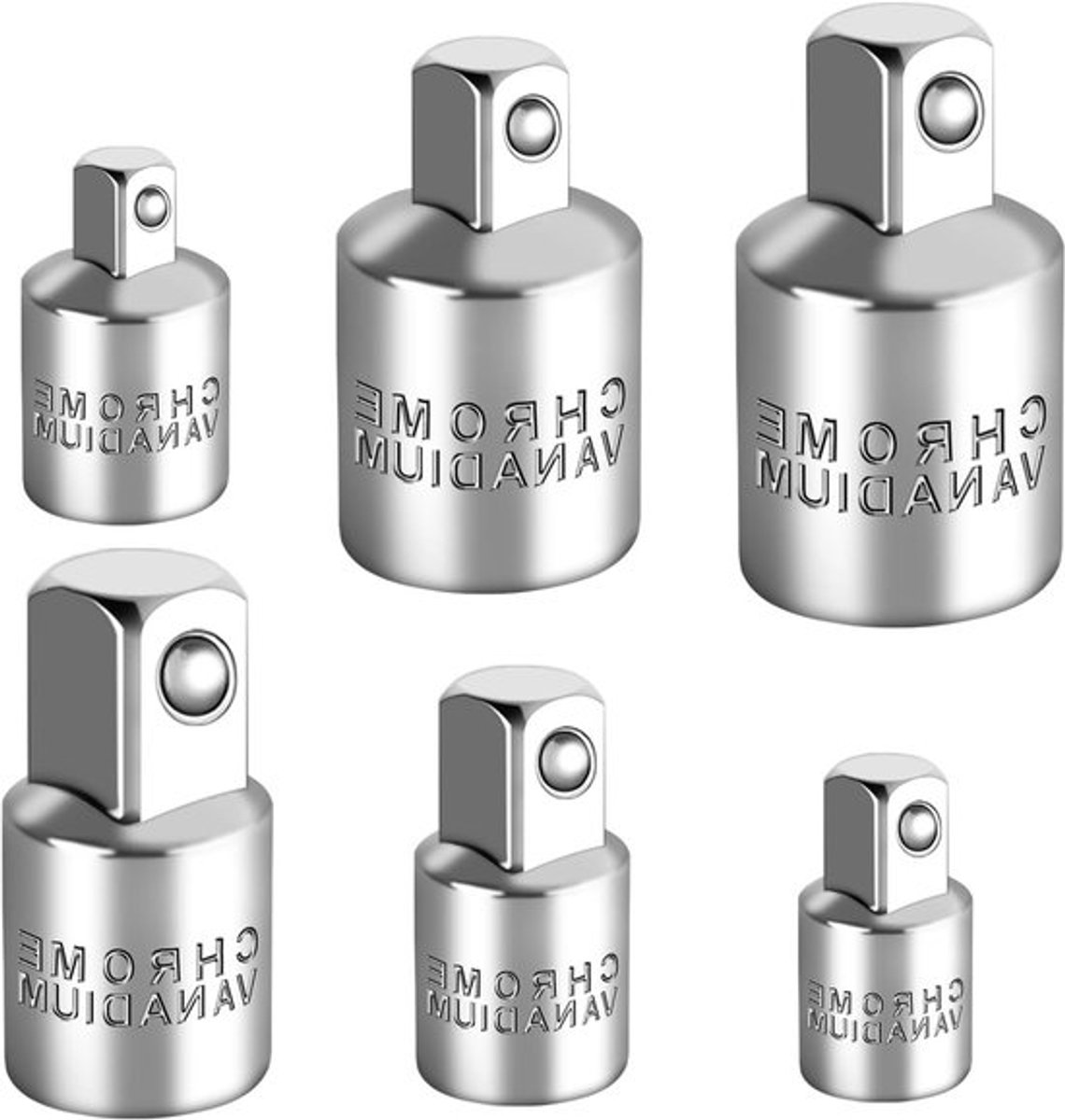 Complete 6-delige steeksleutelset met adapters, 1/2 inch naar 1/4 inch en 3/8 inch, ideaal voor klussen en onderhoud