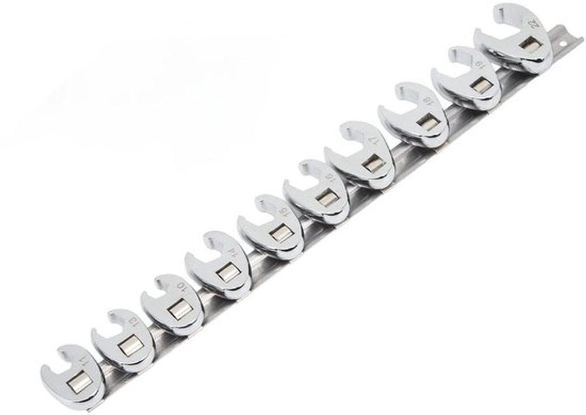 Kraaienpootsleutelset 10-delig - 10-22 mm - 3/8 Aandrijving - Metrische Sleutels - Opbergrail - Ideaal voor Autoreparatie - Sleutelset