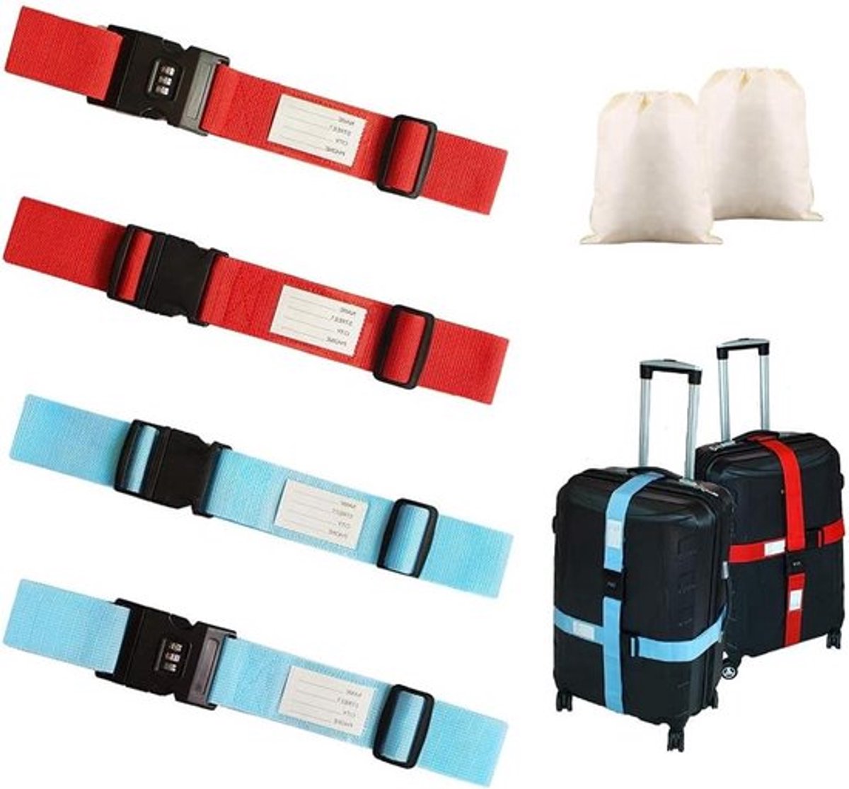 Verstelbare bagagestraps set van 4, stevige bagagestraps met cijferslot en naamlabel, inclusief 2 opbergzakken voor identificatie en opslag van bagage, 2 kleuren beschikbaar