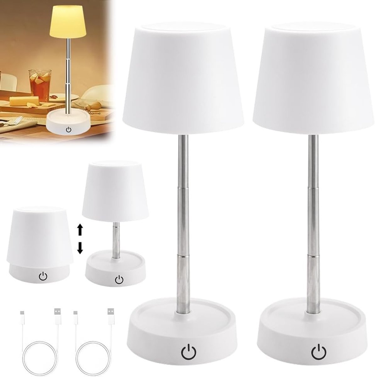 Tafellamp LED - Draadloos - Verstelbaar van 11 tot 25 cm - Oplaadbare Touchlamp - Voor Slaapkamer en Decoratie
