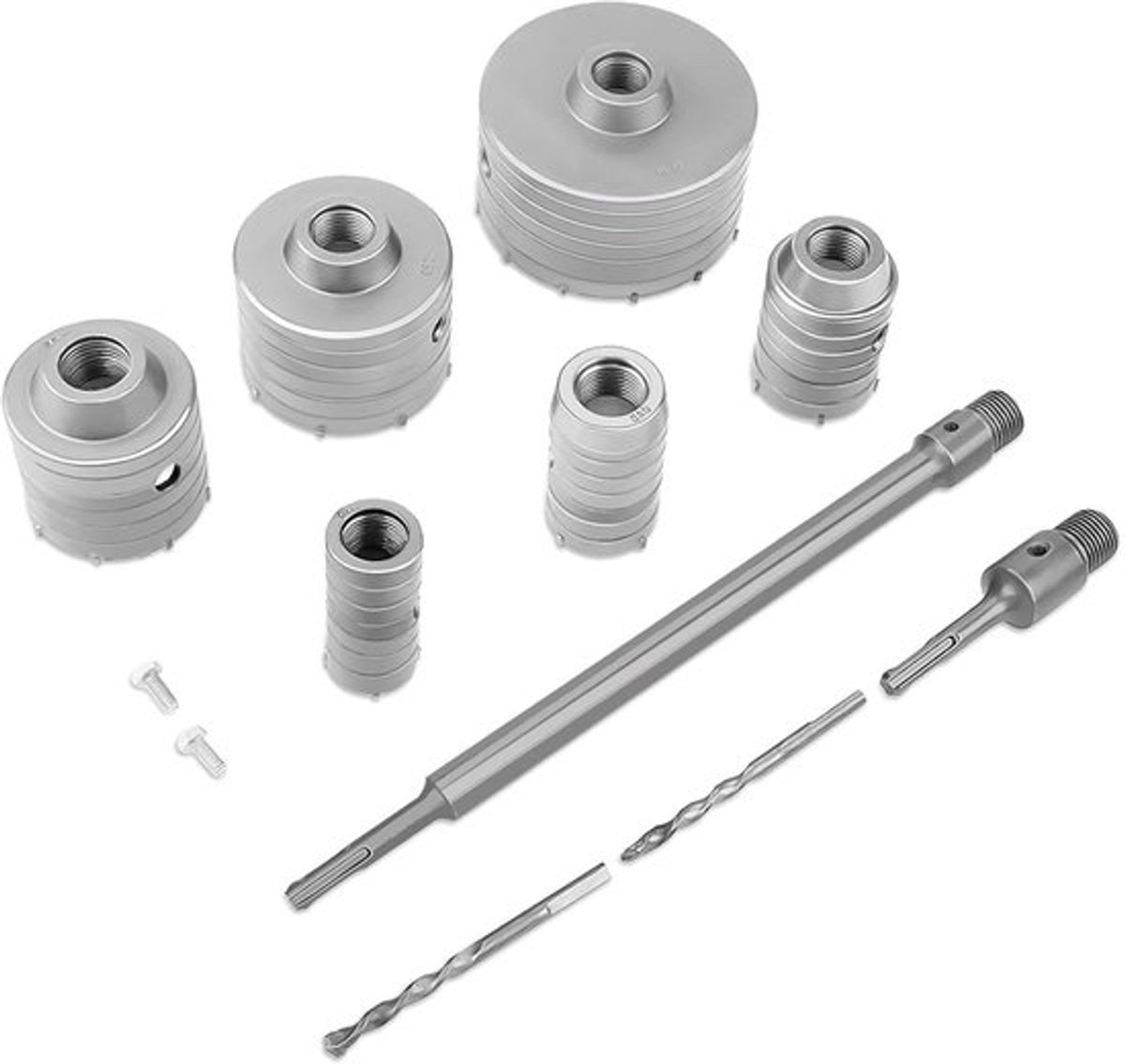 10-delige TCT kernboor set voor beton, inclusief 35 mm, 40 mm, 50 mm, 65 mm, 82 mm en 110 mm boren, met geleidingsboor en verlengstuk van 300 mm