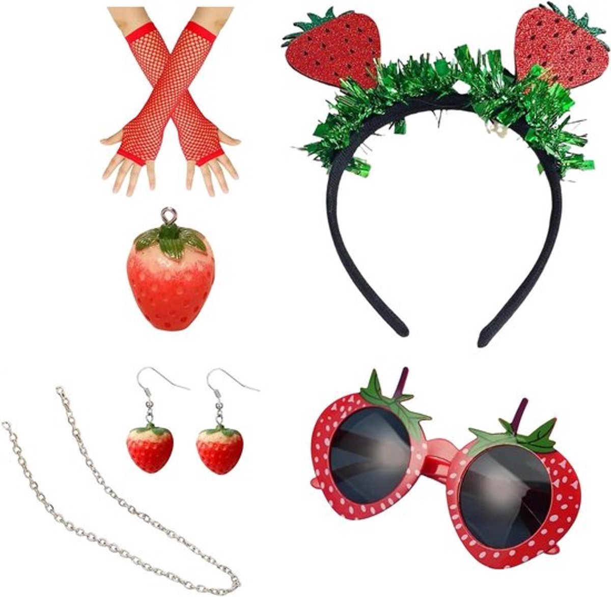5-delig Aardbei Kostuum Set voor Dames met Hoed, Bril, Handschoenen, Ketting en Oorbellen voor Halloween en Feestjes