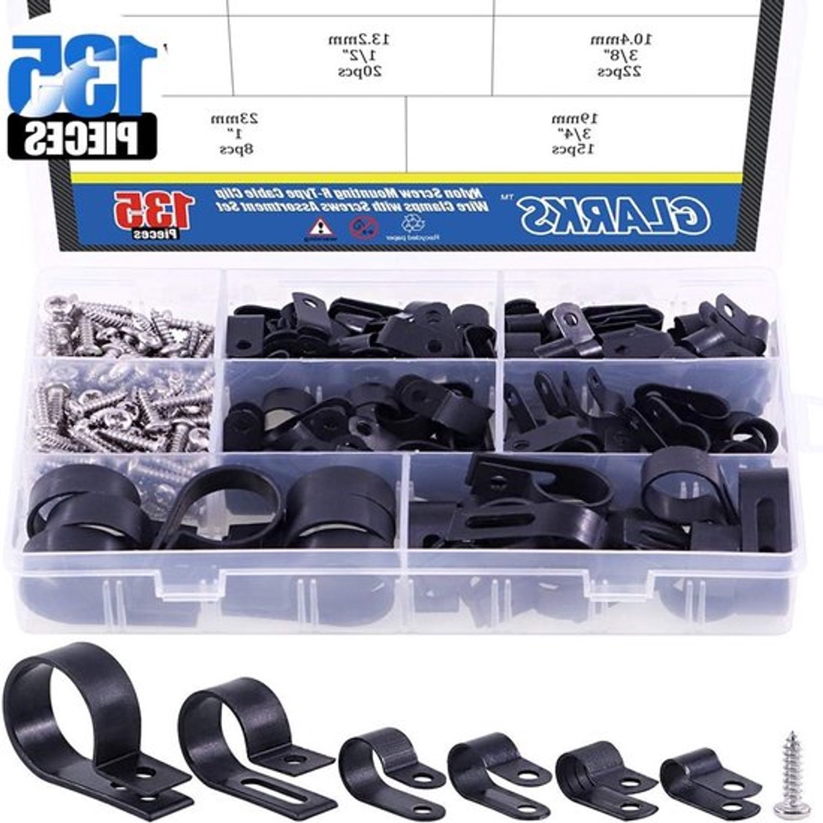 135 Stuks Zwarte Nylon Kabelclips met 132 Schroeven - R-Type Bevestiging voor Kabels en Leidingen, 6 Maten van 1/4" tot 1