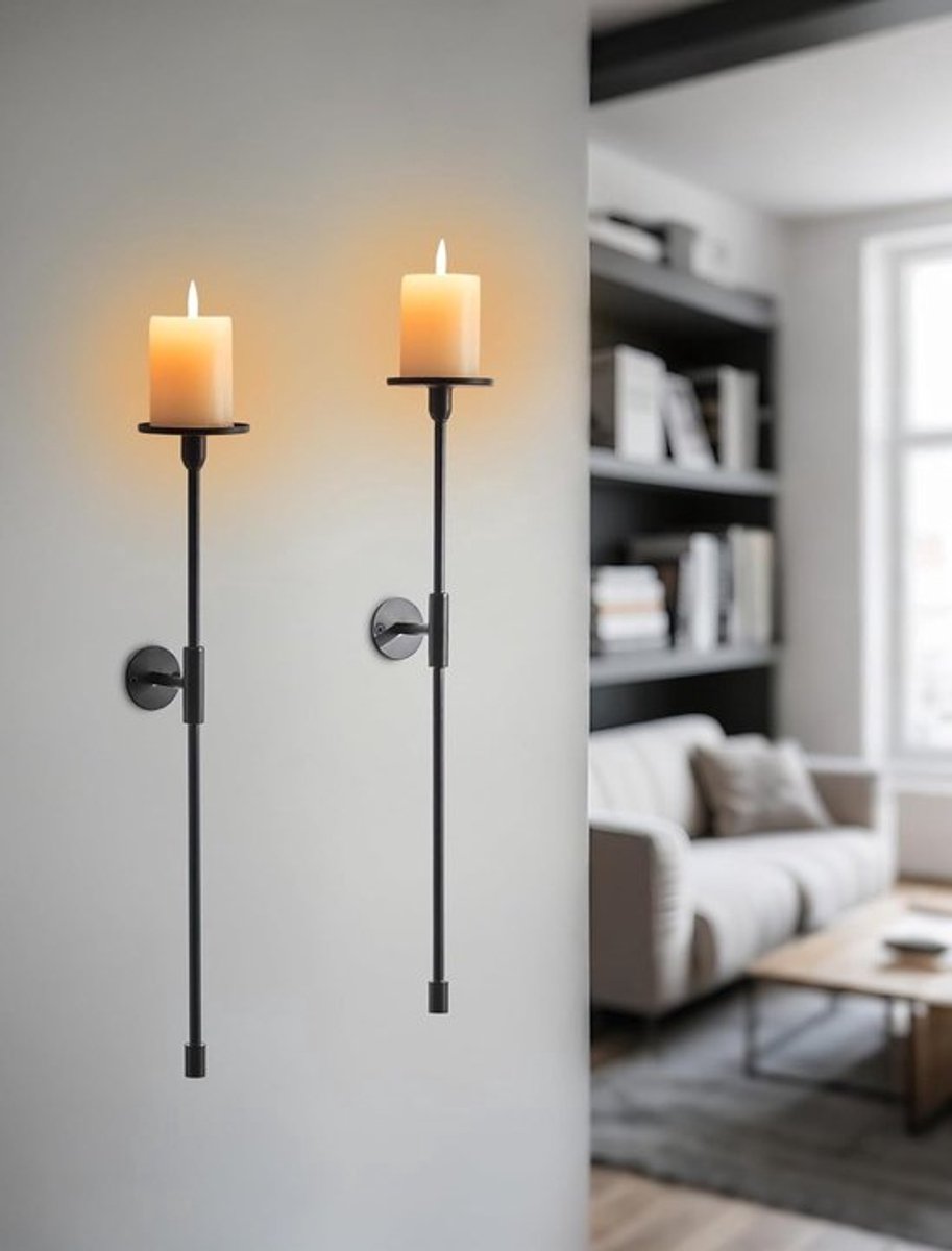 Zwarte Wandkaarsenhouder van 60 cm - Set van 2 Metalen Wandmontage voor Pijlerkaarsen - Moderne Wanddecoratie voor Woonkamer, Badkamer en Hal