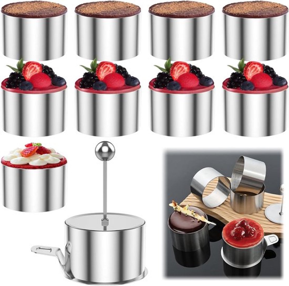Set van 10 roestvrijstalen dessertringen van 8 cm voor mousse, cheesecake en desserts, met lifter en stamper