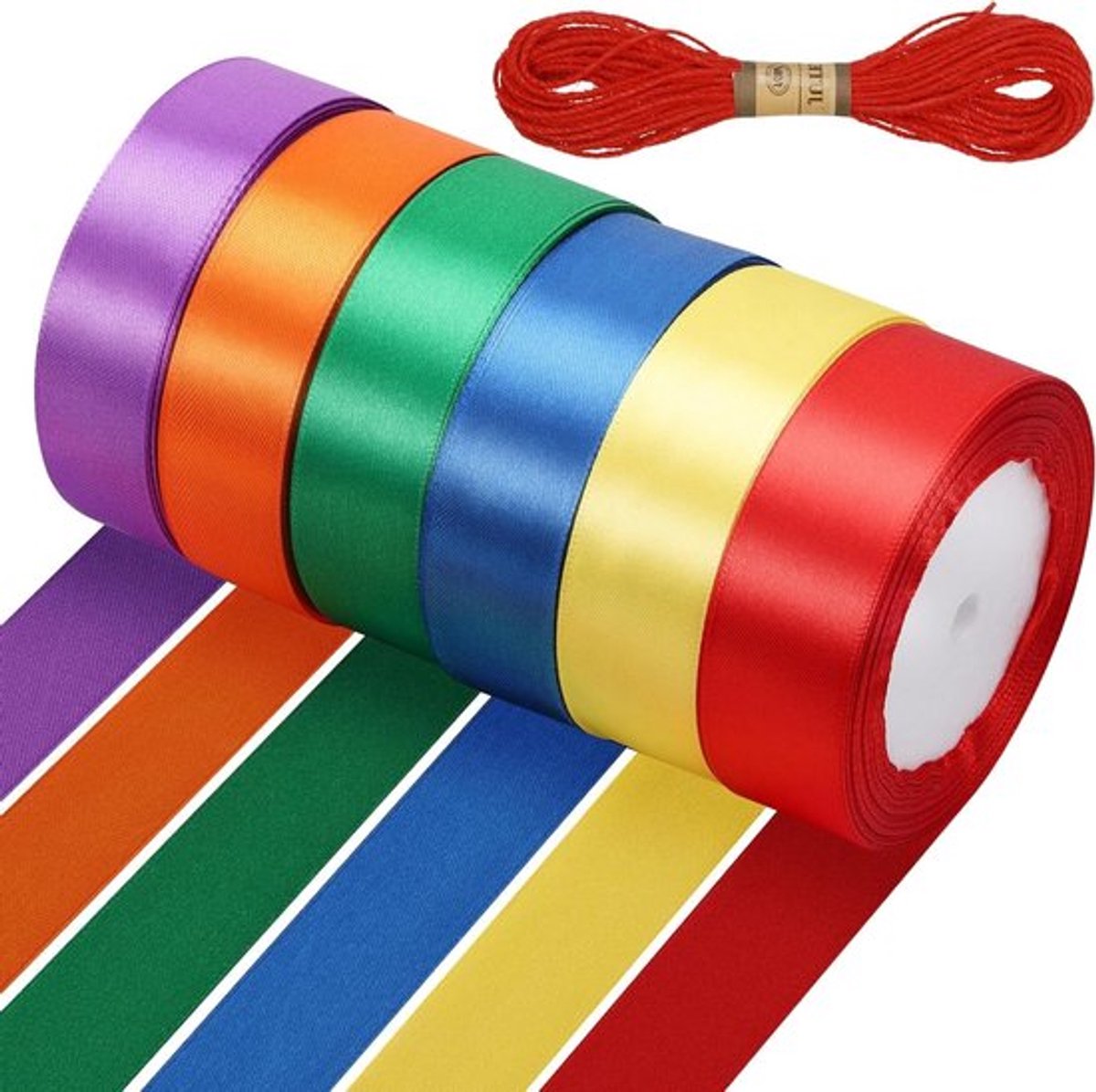 Satijnlinten 25 mm x 22 m, 6 rollen krullint voor cadeauverpakking, knutselen en feesten, inclusief 10 m touw, geschikt voor bruiloften, kerst en doe-het-zelf-projecten