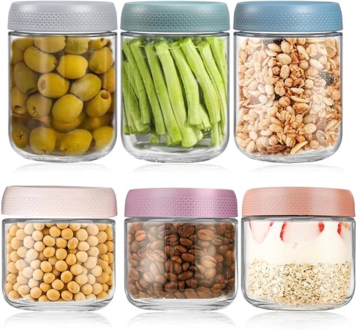 6 Stuks Nacht Havermout Potten, 300/480ml, Met Deksel, Voor Maaltijd Prep, Opslag, Luchtdichte Glazen Potten voor Pudding, Yoghurt, Granola en Salades