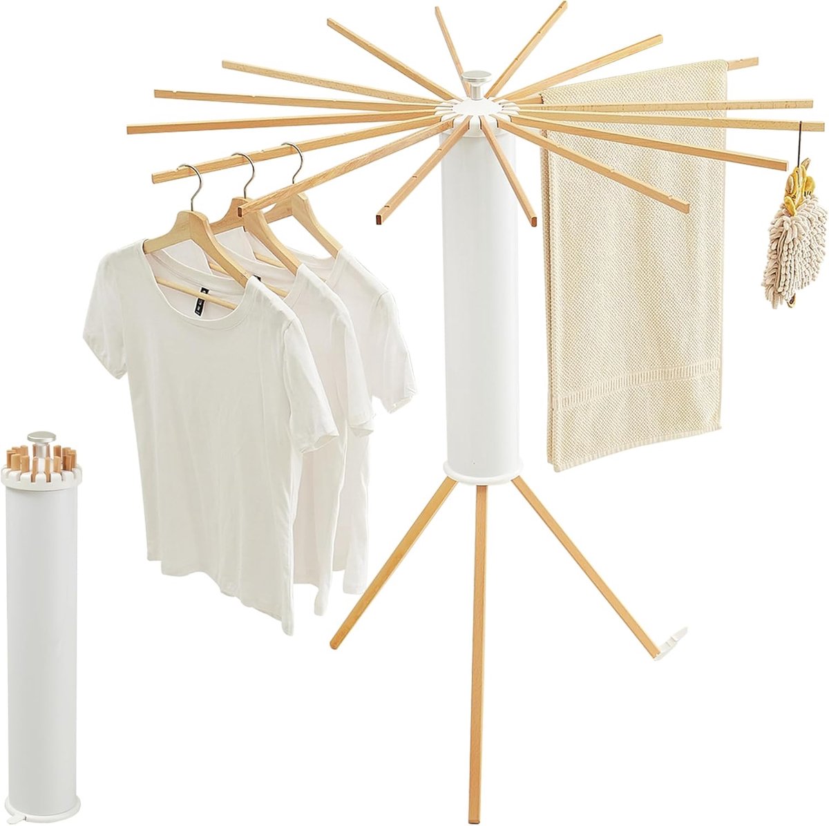 Driepoot-droogrek voor kleding, kledingrek, draagbaar en opvouwbaar, ruimtebesparend wasdroogrek (draagbaar, 16 houten stangen) | Statief droogrek met 16 houten stangen, inklapbaar en ruimtebesparend, voor balkon, woning, badkamer en camping, wit