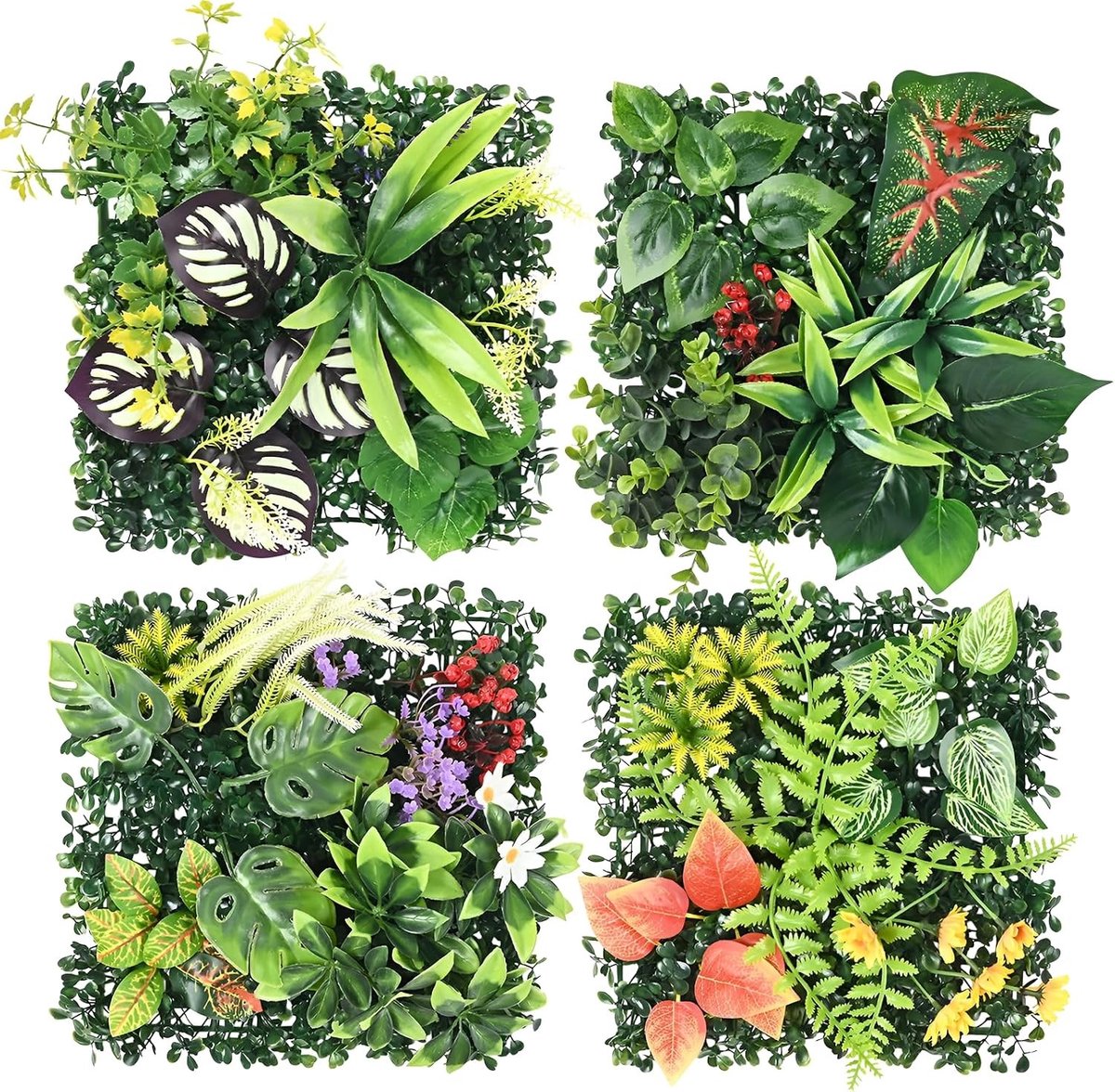 Plantenwandset van 4 stuks, 25 x 25 cm, groene muur decoratie voor balkons en tuinen, kunstplanten voor buitengebruik, sfeervolle outdoor versiering